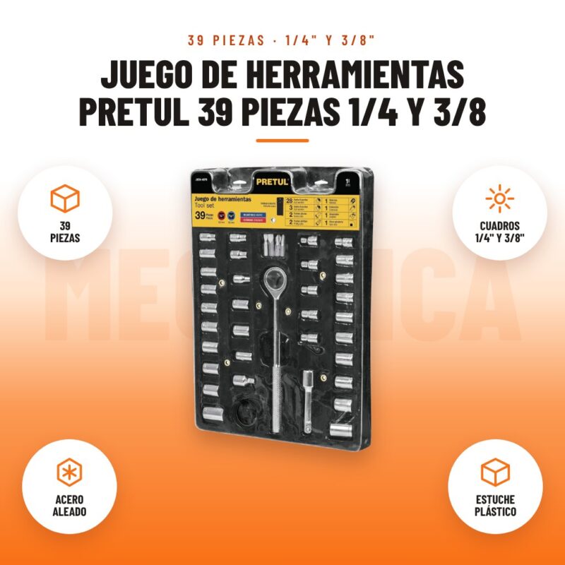 Juego de Herramientas Pretul 39 Piezas 1/4 y 3/8: imagen promocional con 39 piezas, cuadros 1/4" y 3/8", acero aleado, estuche plástico