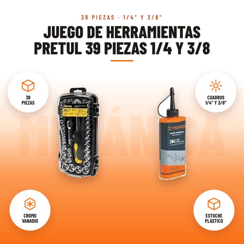 Juego de Herramientas Pretul 39 piezas 1/4 y 3/8: imagen promocional con 39 piezas, cuadros 1/4" y 3/8", cromo vanadio, estuche plástico