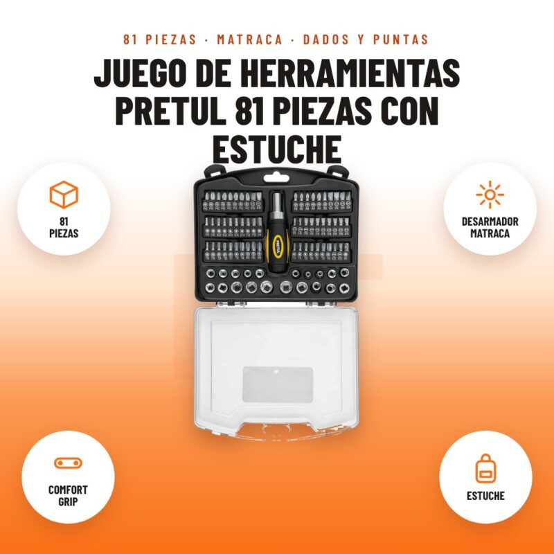Juego de Herramientas Pretul 81 Piezas con Estuche: imagen promocional con 81 piezas, desarmador matraca, comfort grip, estuche