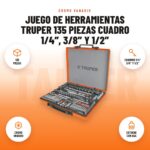 Juego de Herramientas Truper 135 Piezas Cuadro 1/4″, 3/8″ y 1/2″: imagen promocional con 135 piezas, cuadros 1/4″ 3/8″ y 1/2″, cromo vanadio, estuche con asa