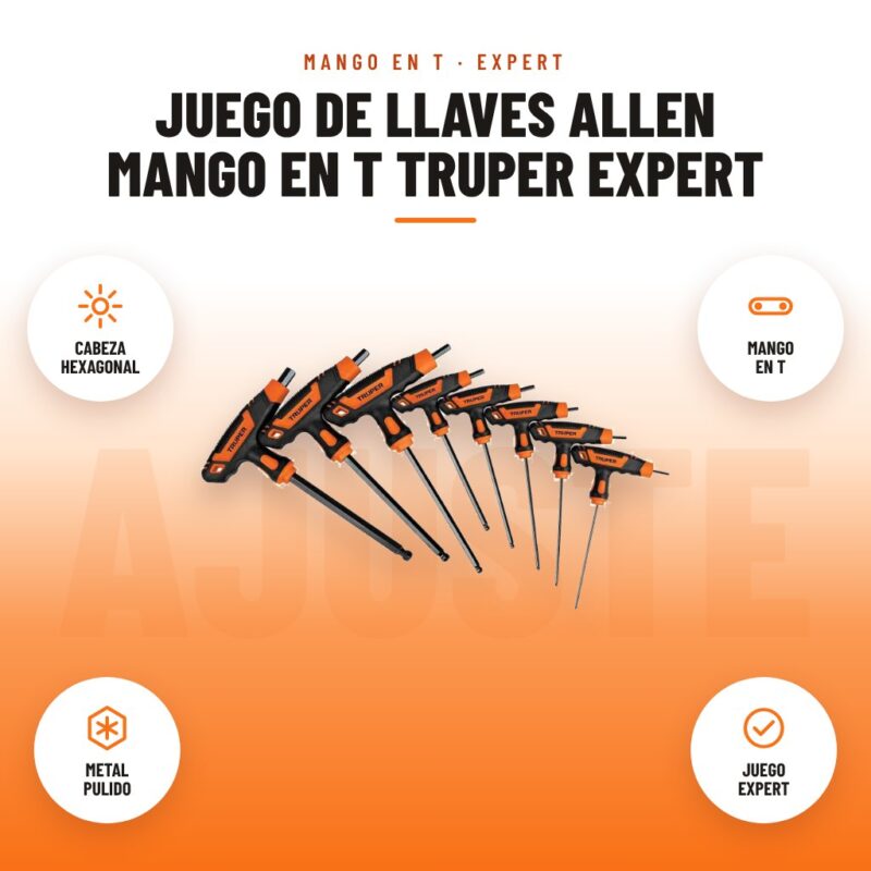 Juego de Llaves Allen Mango en T Truper Expert: imagen promocional con cabeza hexagonal, mango en t, metal pulido, juego expert