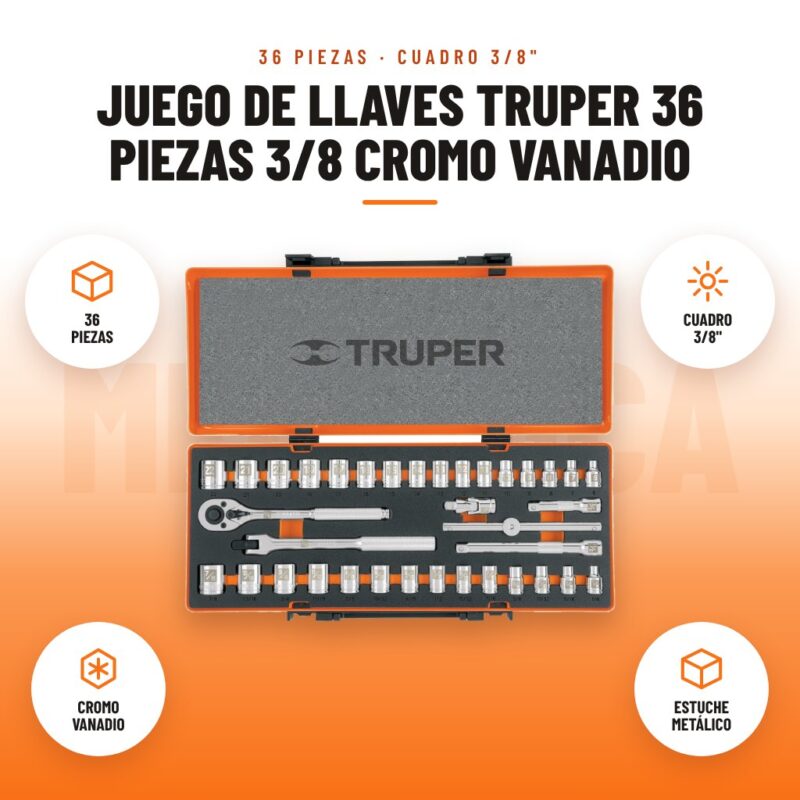 Juego de Llaves Truper 36 Piezas 3/8 Cromo Vanadio: imagen promocional con 36 piezas, cuadro 3/8", cromo vanadio, estuche metálico