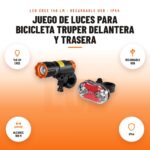 Juego de Luces para Bicicleta Truper Delantera y Trasera: imagen promocional con 140 lm cree, recargable usb, alcance 190 m, ip44