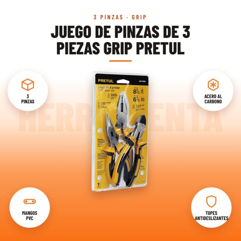 Juego de Pinzas de 3 Piezas Grip Pretul: imagen promocional con 3 pinzas, acero al carbono, mangos pvc, topes antideslizantes