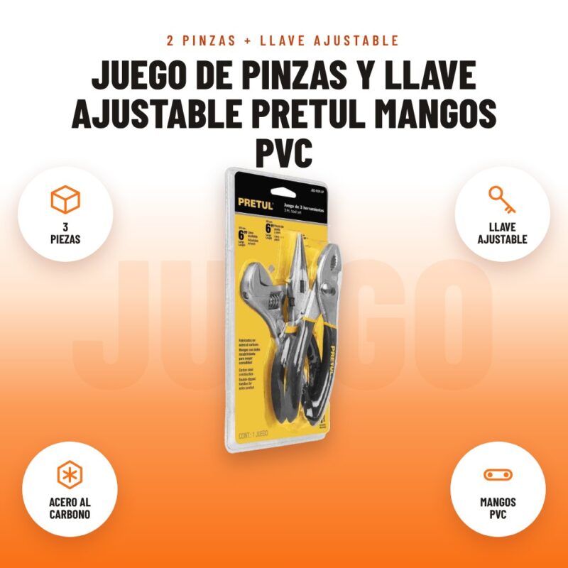 Juego de Pinzas y Llave Ajustable Pretul Mangos PVC: imagen promocional con 3 piezas, llave ajustable, acero al carbono, mangos pvc