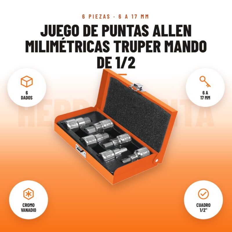 Juego de puntas allen milimétricas Truper mando de 1/2: imagen promocional con 6 dados, 6 a 17 mm, cromo vanadio, cuadro 1/2"