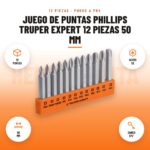 Juego de puntas Phillips Truper Expert 12 piezas 50 mm: imagen promocional con 12 puntas, acero s2, 50 mm, zanco 1/4"
