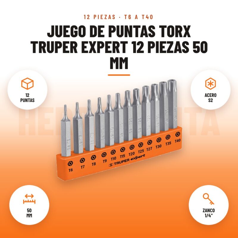 Juego de puntas Torx Truper Expert 12 piezas 50 mm: imagen promocional con 12 puntas, acero s2, 50 mm, zanco 1/4"