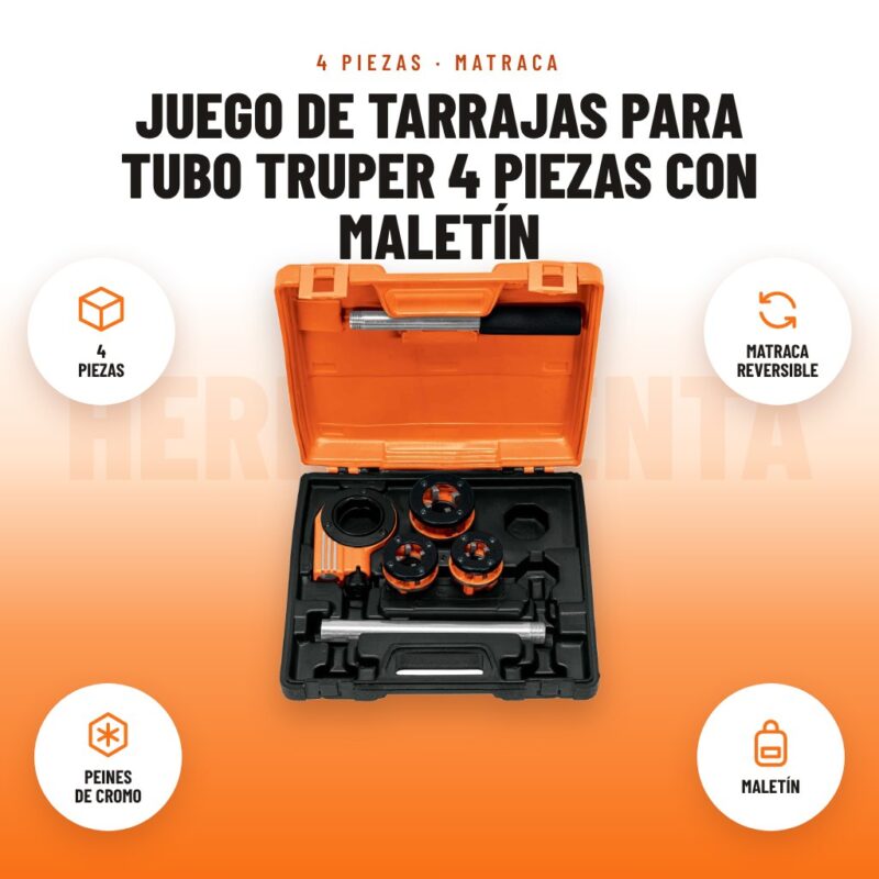 Juego de Tarrajas para Tubo Truper 4 Piezas con Maletín: imagen promocional con 4 piezas, matraca reversible, peines de cromo, maletín