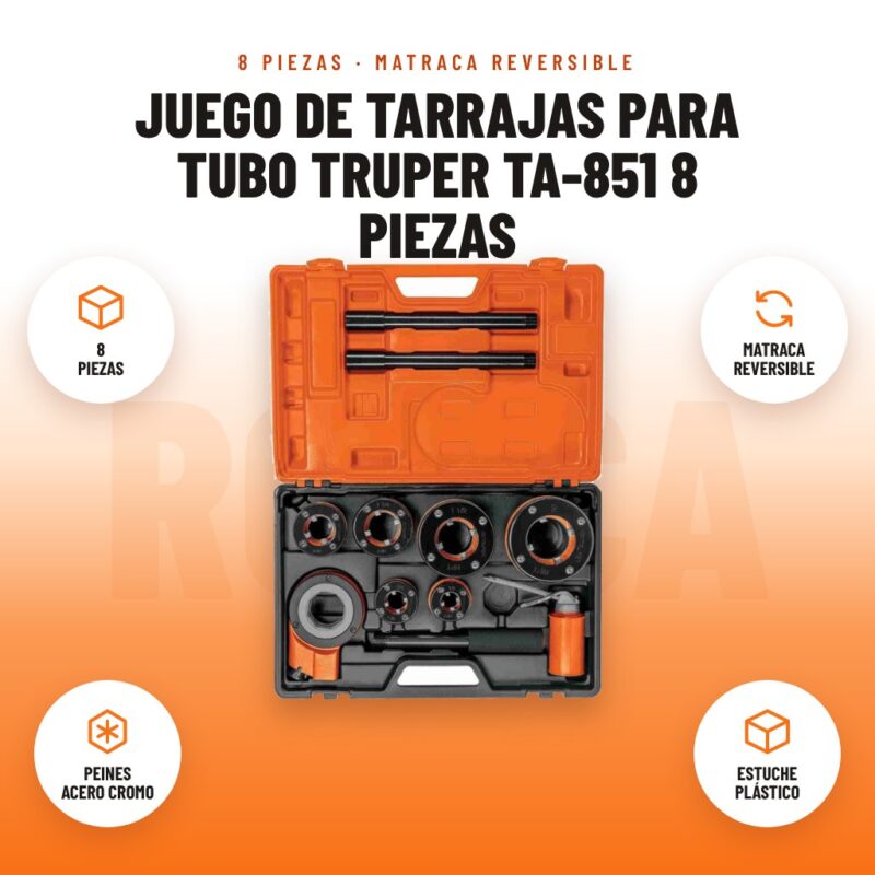 Juego de Tarrajas para Tubo Truper TA-851 8 Piezas: imagen promocional con 8 piezas, matraca reversible, peines acero cromo, estuche plástico
