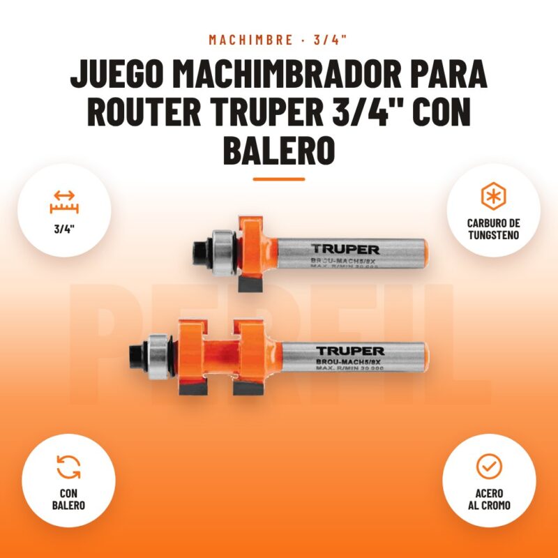 Juego Machimbrador para Router Truper 3/4" con Balero: imagen promocional con 3/4", carburo de tungsteno, con balero, acero al cromo