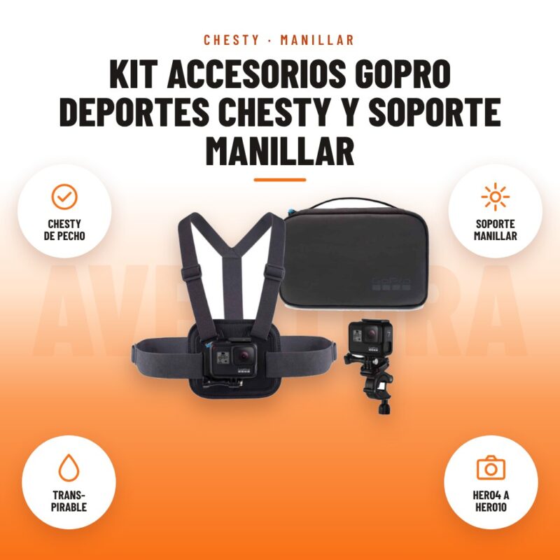 Kit Accesorios GoPro Deportes Chesty y Soporte Manillar: imagen promocional con chesty de pecho, soporte manillar, trans- pirable, hero4 a hero10