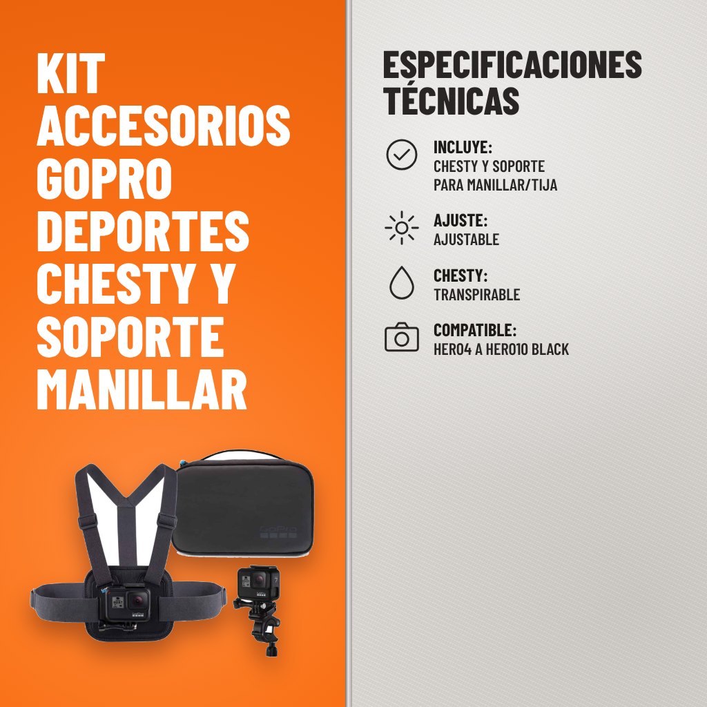 Especificaciones técnicas de Kit Accesorios GoPro Deportes Chesty y Soporte Manillar