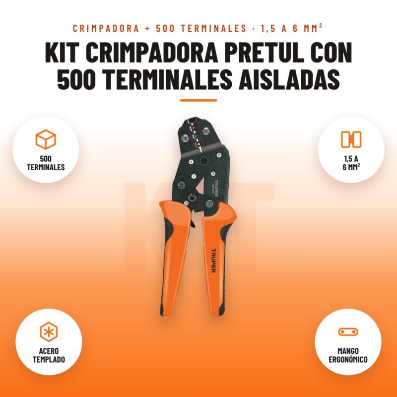 Kit Crimpadora Pretul con 500 Terminales Aisladas: imagen promocional con 500 terminales, 1,5 a 6 mm², acero templado, mango ergonómico