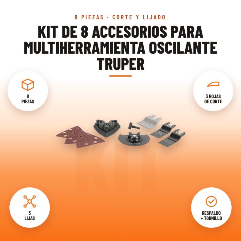 Kit de 8 Accesorios para Multiherramienta Oscilante Truper: imagen promocional con 8 piezas, 3 hojas de corte, 3 lijas, respaldo + tornillo