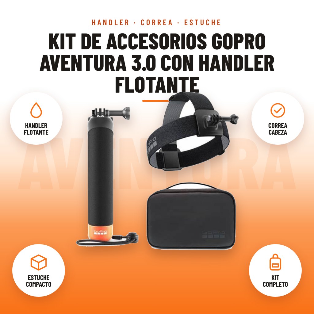 Kit de Accesorios GoPro Aventura 3.0 con Handler Flotante: imagen promocional con handler flotante, correa cabeza, estuche compacto, kit completo