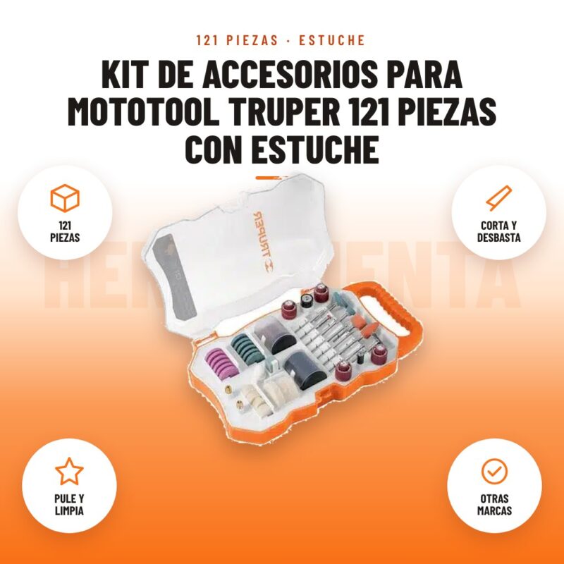 Kit de accesorios para mototool Truper 121 piezas con estuche: imagen promocional con 121 piezas, corta y desbasta, pule y limpia, otras marcas