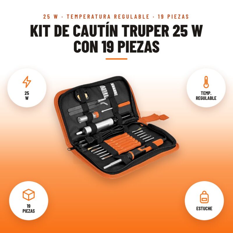 Kit de Cautín Truper 25 W con 19 Piezas: imagen promocional con 25 w, temp. regulable, 19 piezas, estuche