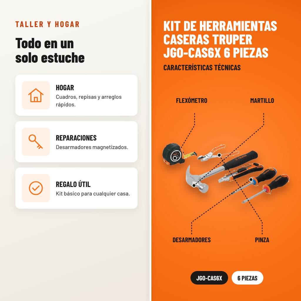 Kit de Herramientas Caseras Truper JGO-CAS6X 6 Piezas: usos y características técnicas señaladas