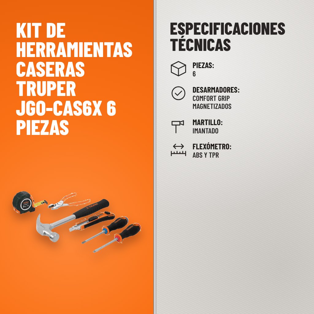Especificaciones técnicas de Kit de Herramientas Caseras Truper JGO-CAS6X 6 Piezas
