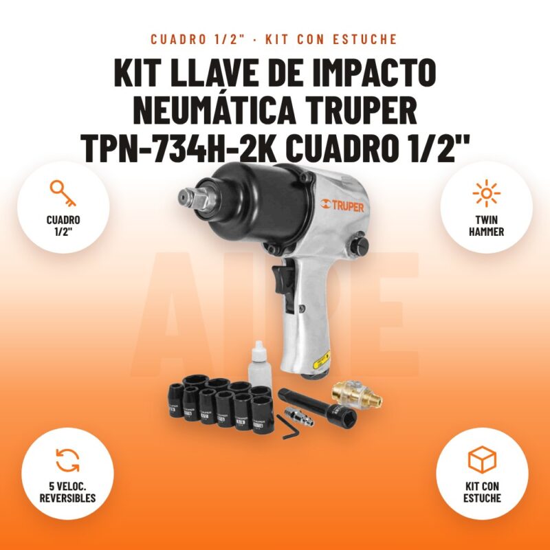 Kit Llave de Impacto Neumática Truper TPN-734H-2K Cuadro 1/2": imagen promocional con cuadro 1/2", twin hammer, 5 veloc. reversibles, kit con estuche