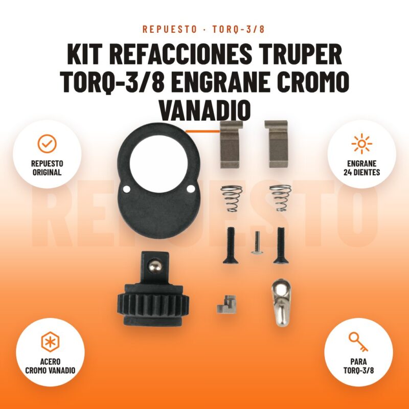 Kit Refacciones Truper TORQ-3/8 Engrane Cromo Vanadio: imagen promocional con repuesto original, engrane 24 dientes, acero cromo vanadio, para torq-3/8