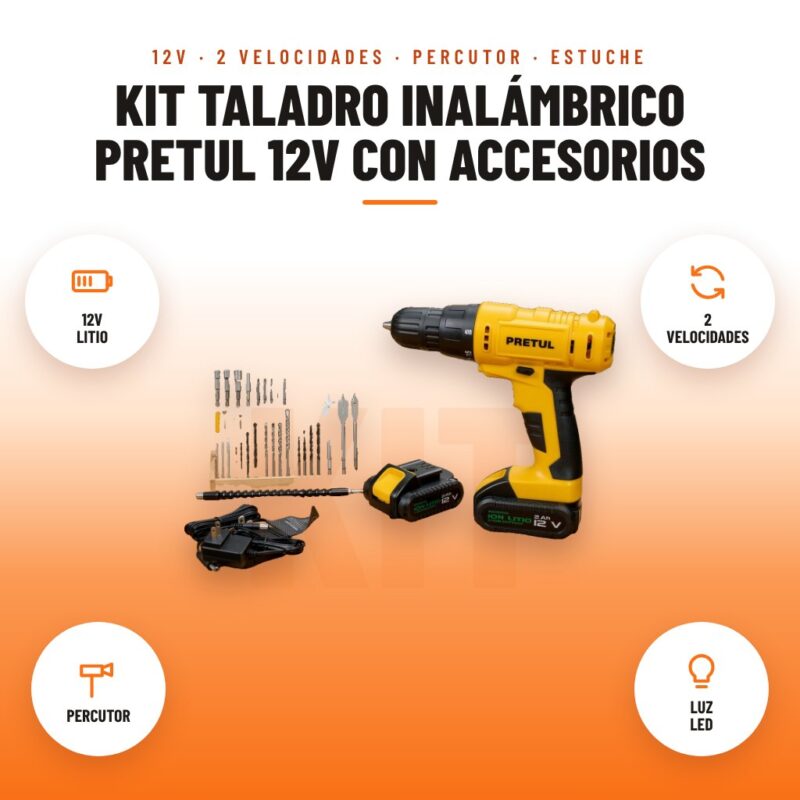 Kit Taladro Inalámbrico Pretul 12V con Accesorios: imagen promocional con 12v litio, 2 velocidades, percutor, luz led