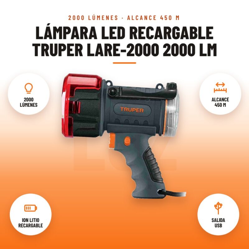 Lámpara LED Recargable Truper LARE-2000 2000 lm: imagen promocional con 2000 lúmenes, alcance 450 m, ion litio recargable, salida usb
