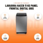 Lavadora Haceb 11 kg Panel Frontal Digital Gris: imagen promocional con 11 kg capacidad, panel digital, 5 opciones enjuague, tiempo restante