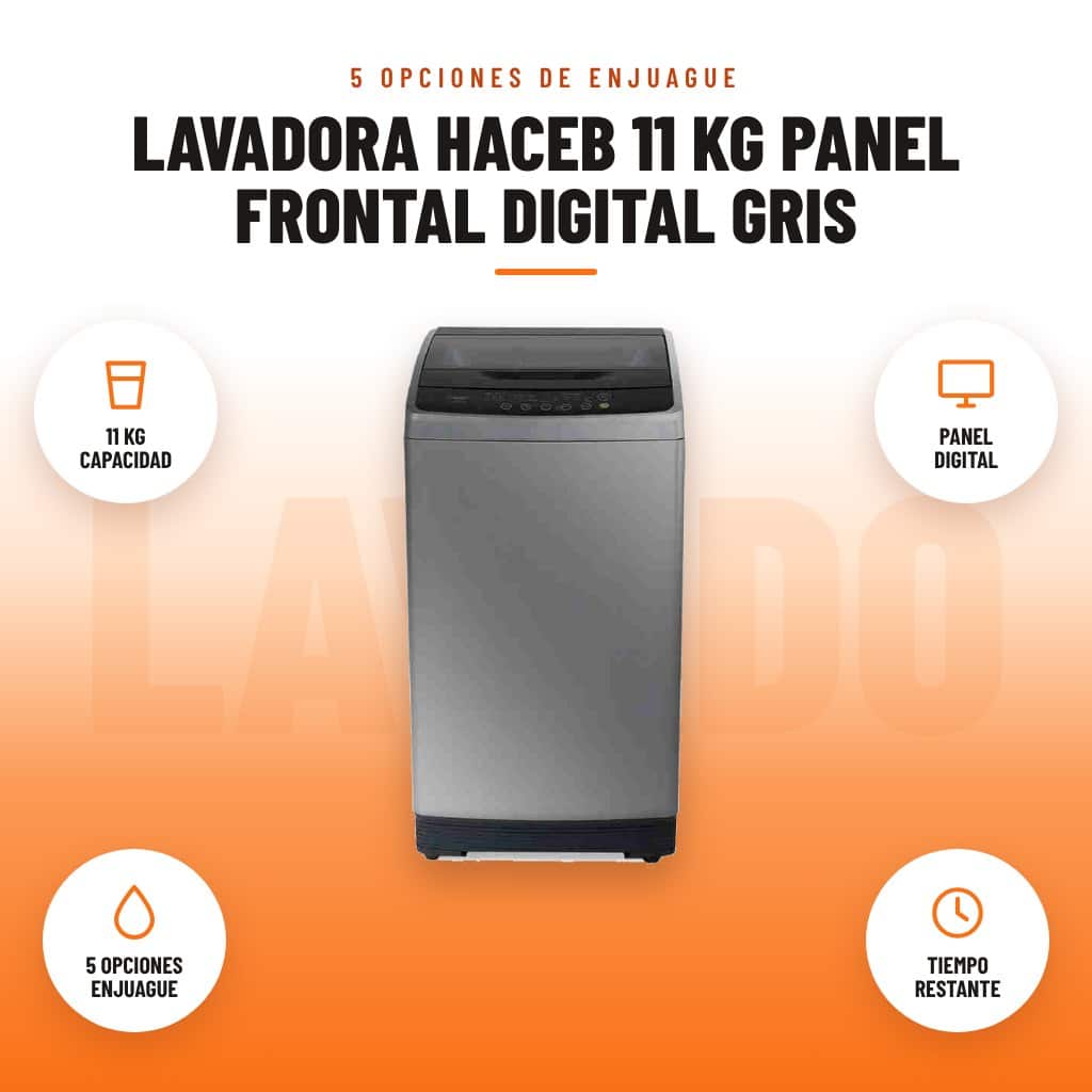 Lavadora Haceb 11 kg Panel Frontal Digital Gris: imagen promocional con 11 kg capacidad, panel digital, 5 opciones enjuague, tiempo restante