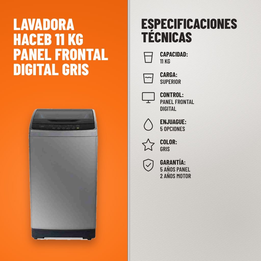 Especificaciones técnicas de Lavadora Haceb 11 kg Panel Frontal Digital Gris