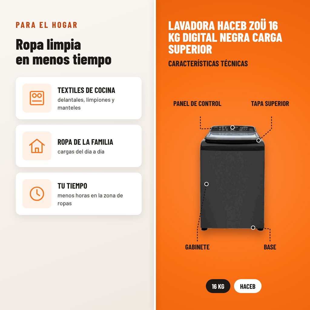 Lavadora Haceb Zoü 16 kg Digital Negra Carga Superior: usos y características técnicas señaladas