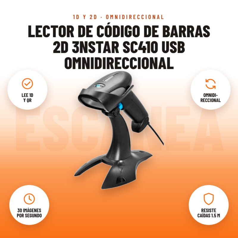 Lector de Código de Barras 2D 3nStar SC410 USB Omnidireccional: imagen promocional con lee 1d y qr, omnidi- reccional, 30 imágenes por segundo, resiste caídas 1.5 m