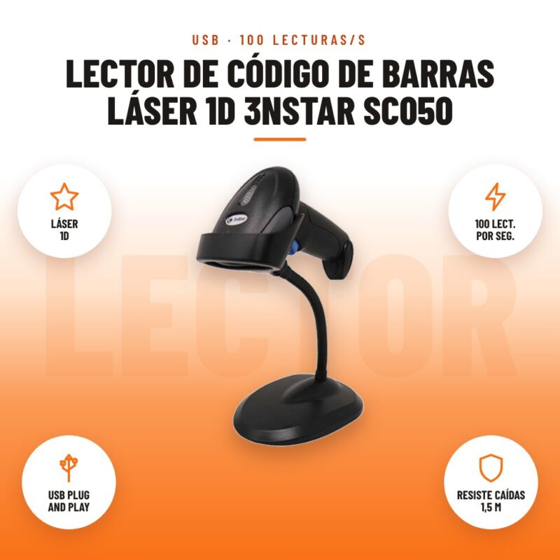 Lector de Código de Barras Láser 1D 3nStar SC050: imagen promocional con láser 1d, 100 lect. por seg., usb plug and play, resiste caídas 1,5 m