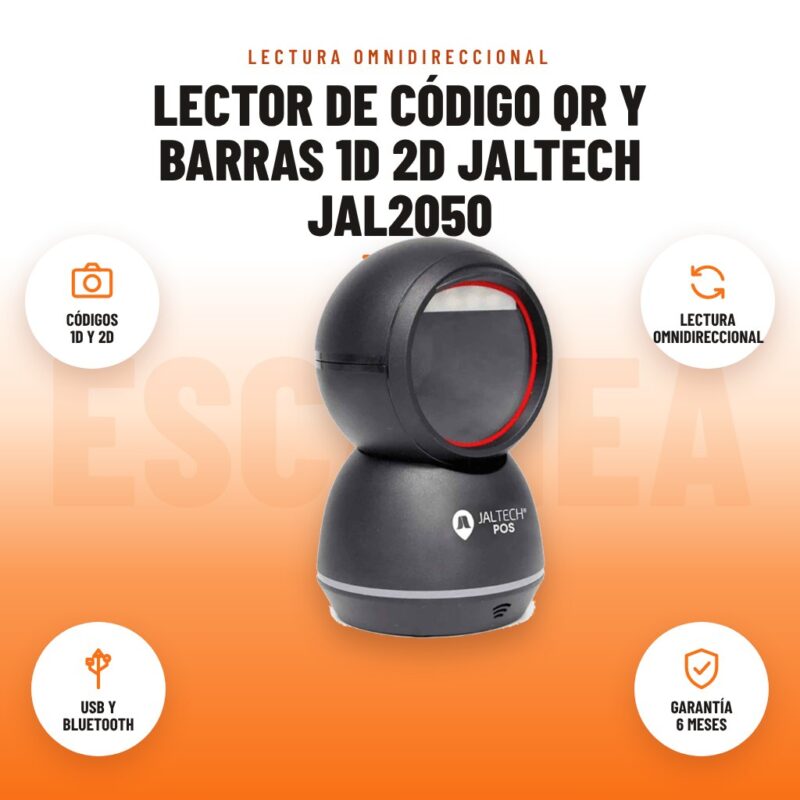 Lector de Código QR y Barras 1D 2D Jaltech JAL2050: imagen promocional con códigos 1d y 2d, lectura omnidireccional, usb y bluetooth, garantía 6 meses