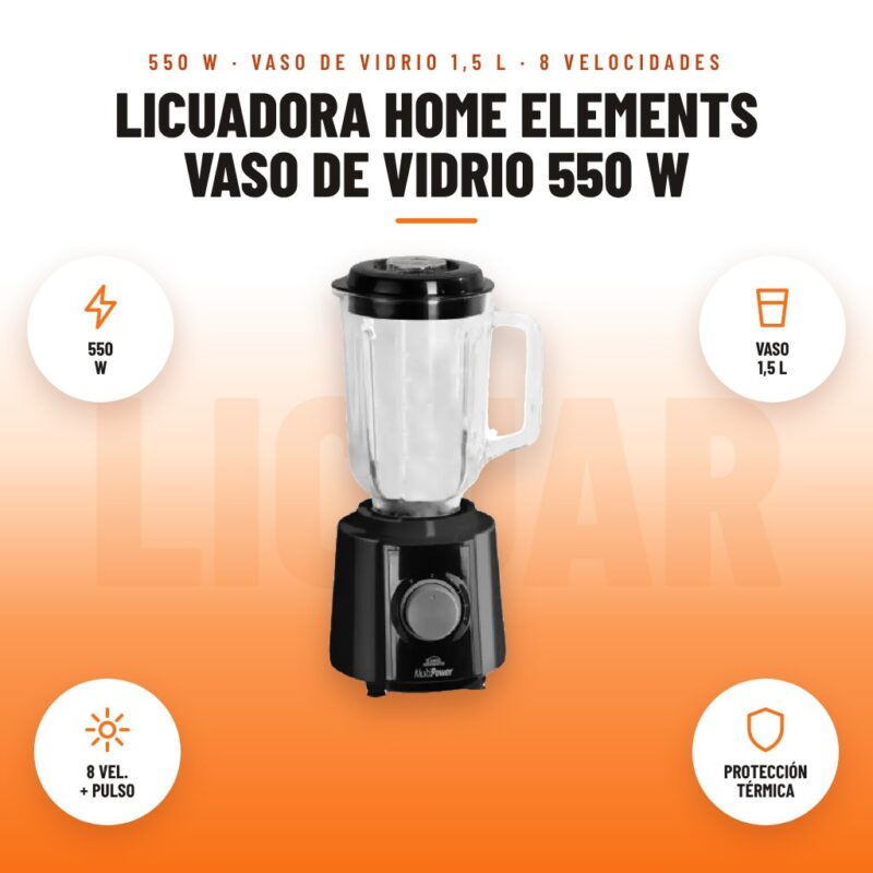Licuadora Home Elements Vaso de Vidrio 550 W: imagen promocional con 550 w, vaso 1,5 l, 8 vel. + pulso, protección térmica