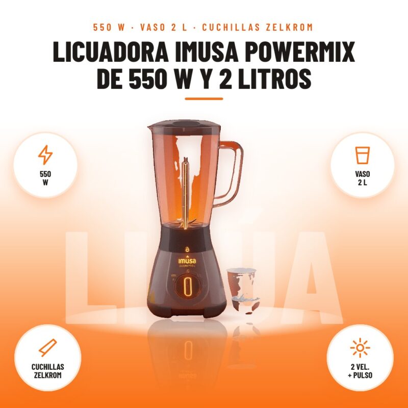 Licuadora Imusa Powermix de 550 W y 2 Litros: imagen promocional con 550 w, vaso 2 l, cuchillas zelkrom, 2 vel. + pulso