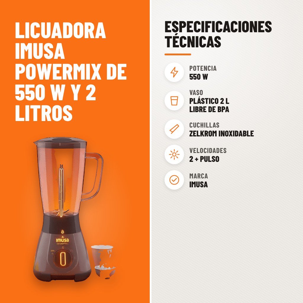 Especificaciones técnicas de Licuadora Imusa Powermix de 550 W y 2 Litros