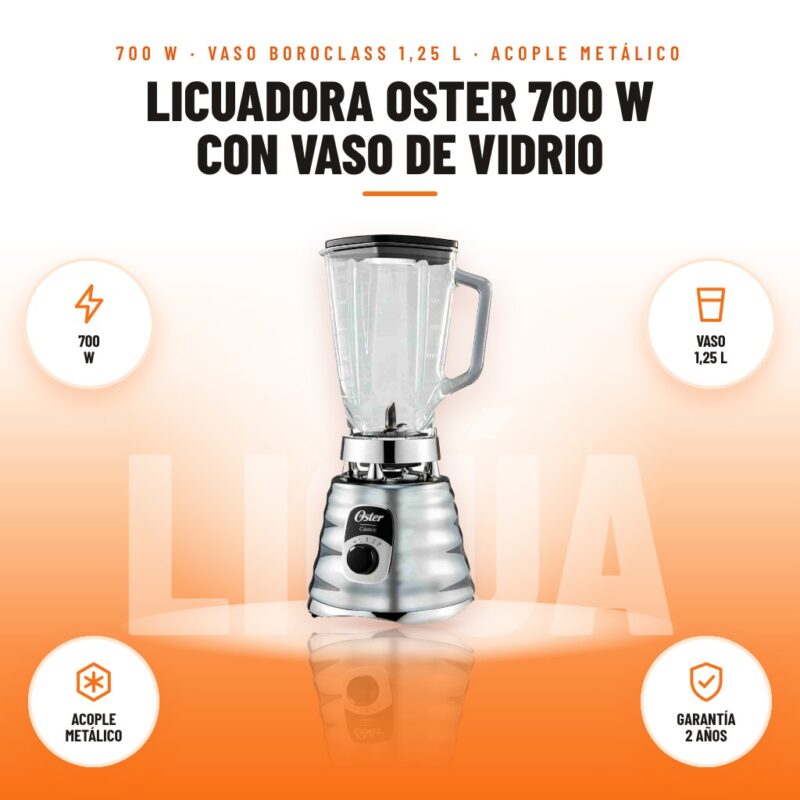 Licuadora Oster 700 W con Vaso de Vidrio: imagen promocional con 700 w, vaso 1,25 l, acople metálico, garantía 2 años