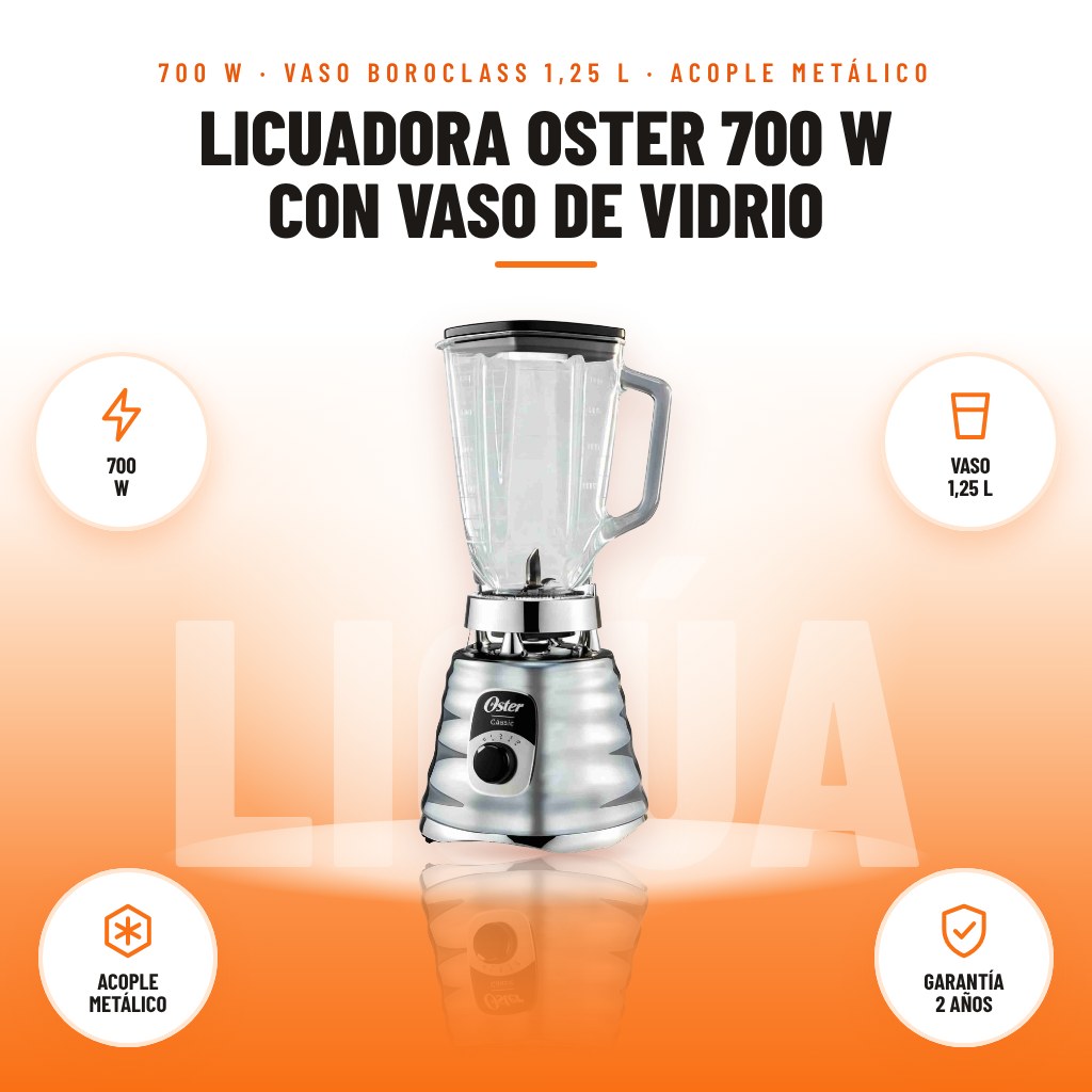 Licuadora Oster 700 W con Vaso de Vidrio: imagen promocional con 700 w, vaso 1,25 l, acople metálico, garantía 2 años