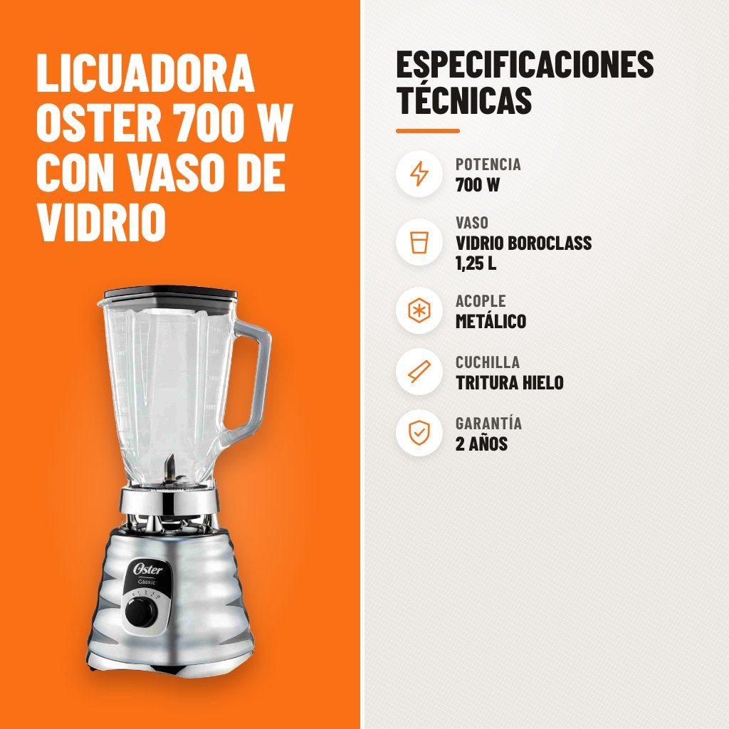 Especificaciones técnicas de Licuadora Oster 700 W con Vaso de Vidrio