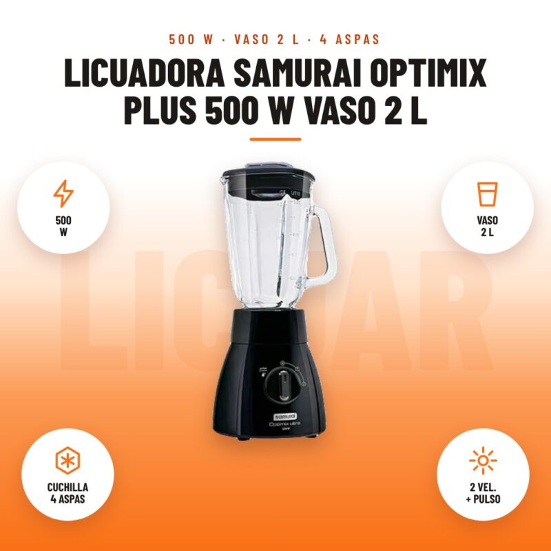 Licuadora Samurai Optimix Plus 500 W Vaso 2 L: imagen promocional con 500 w, vaso 2 l, cuchilla 4 aspas, 2 vel. + pulso