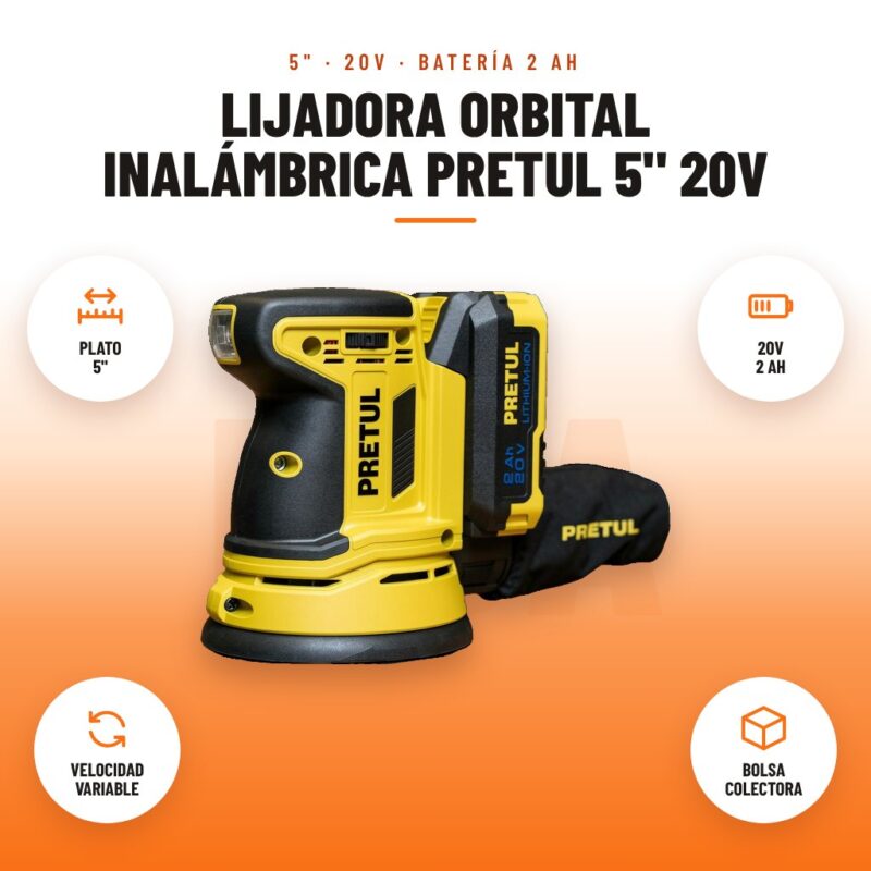 Lijadora Orbital Inalámbrica Pretul 5" 20V: imagen promocional con plato 5", 20v 2 ah, velocidad variable, bolsa colectora