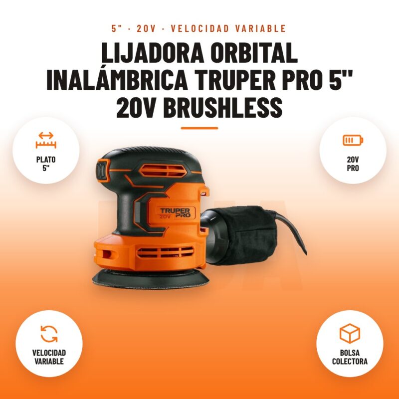 Lijadora Orbital Inalámbrica Truper Pro 5" 20V Brushless: imagen promocional con plato 5", 20v pro, velocidad variable, bolsa colectora