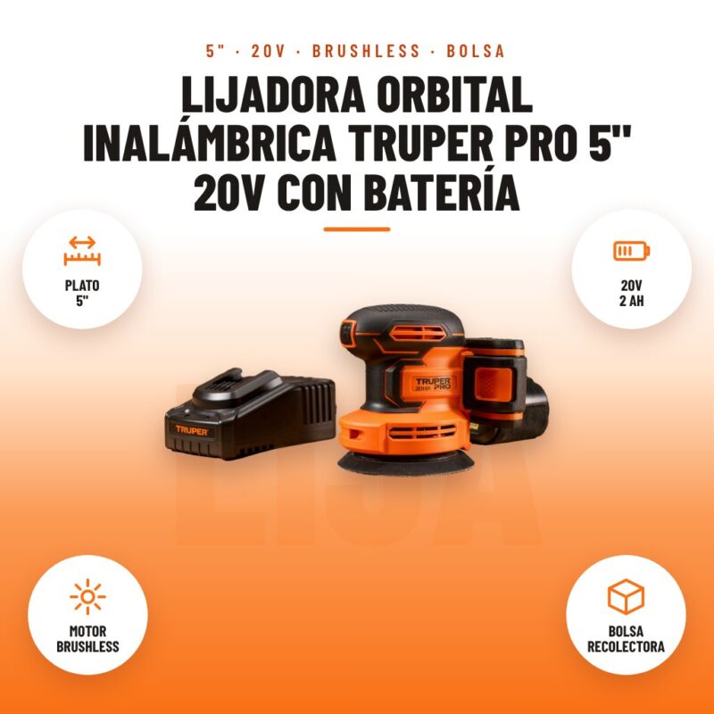 Lijadora Orbital Inalámbrica Truper Pro 5" 20V con Batería: imagen promocional con plato 5", 20v 2 ah, motor brushless, bolsa recolectora