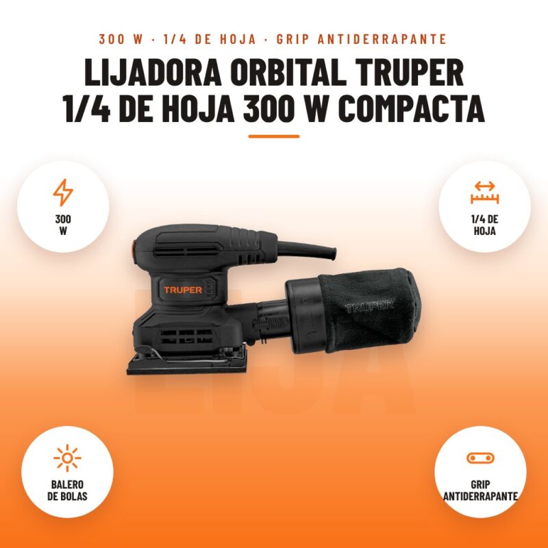 Lijadora Orbital Truper 1/4 de Hoja 300 W Compacta: imagen promocional con 300 w, 1/4 de hoja, balero de bolas, grip antiderrapante