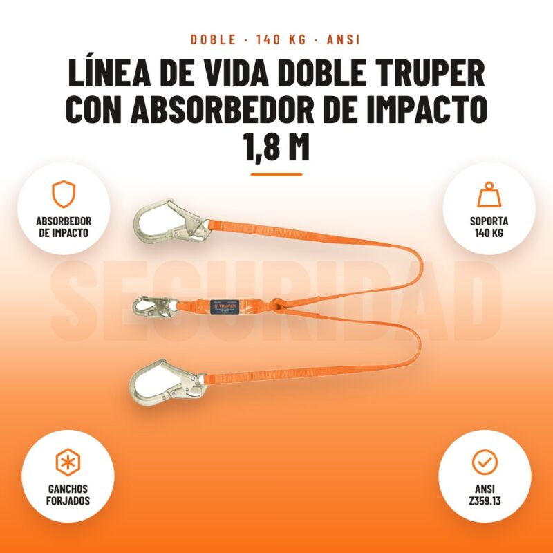 Línea de vida doble Truper con absorbedor de impacto 1,8 m: imagen promocional con absorbedor de impacto, soporta 140 kg, ganchos forjados, ansi z359.13