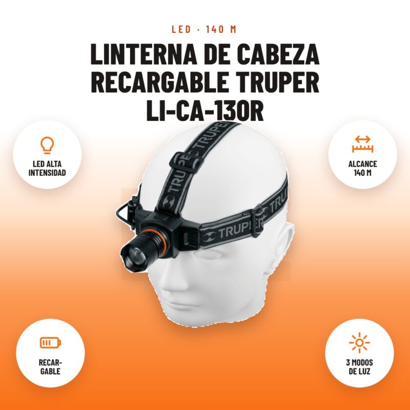 Linterna de Cabeza Recargable Truper LI-CA-130R: imagen promocional con led alta intensidad, alcance 140 m, recar- gable, 3 modos de luz