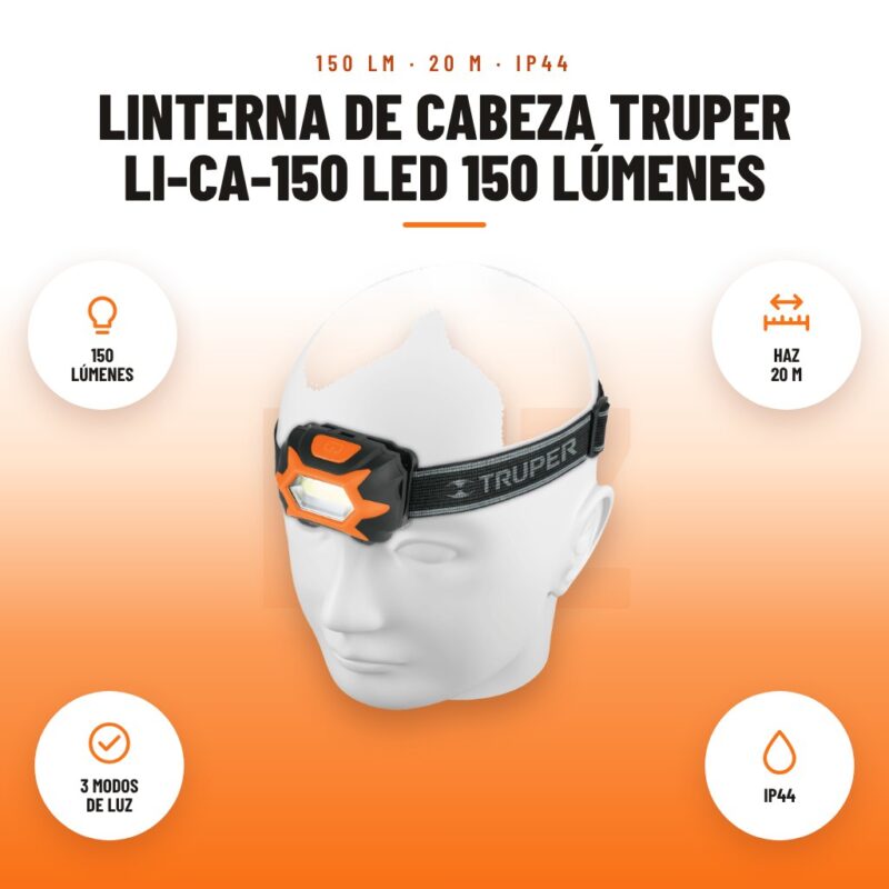 Linterna de cabeza Truper LI-CA-150 LED 150 lúmenes: imagen promocional con 150 lúmenes, haz 20 m, 3 modos de luz, ip44