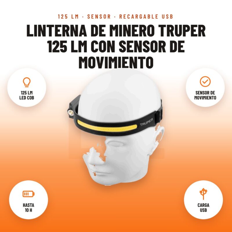 Linterna de Minero Truper 125 lm con Sensor de Movimiento: imagen promocional con 125 lm led cob, sensor de movimiento, hasta 10 h, carga usb